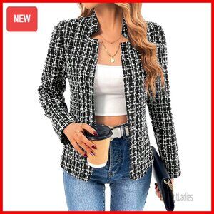 Tweed Plaid Blazer Jacket Fully Lined Open Front Casual Work Office Coat